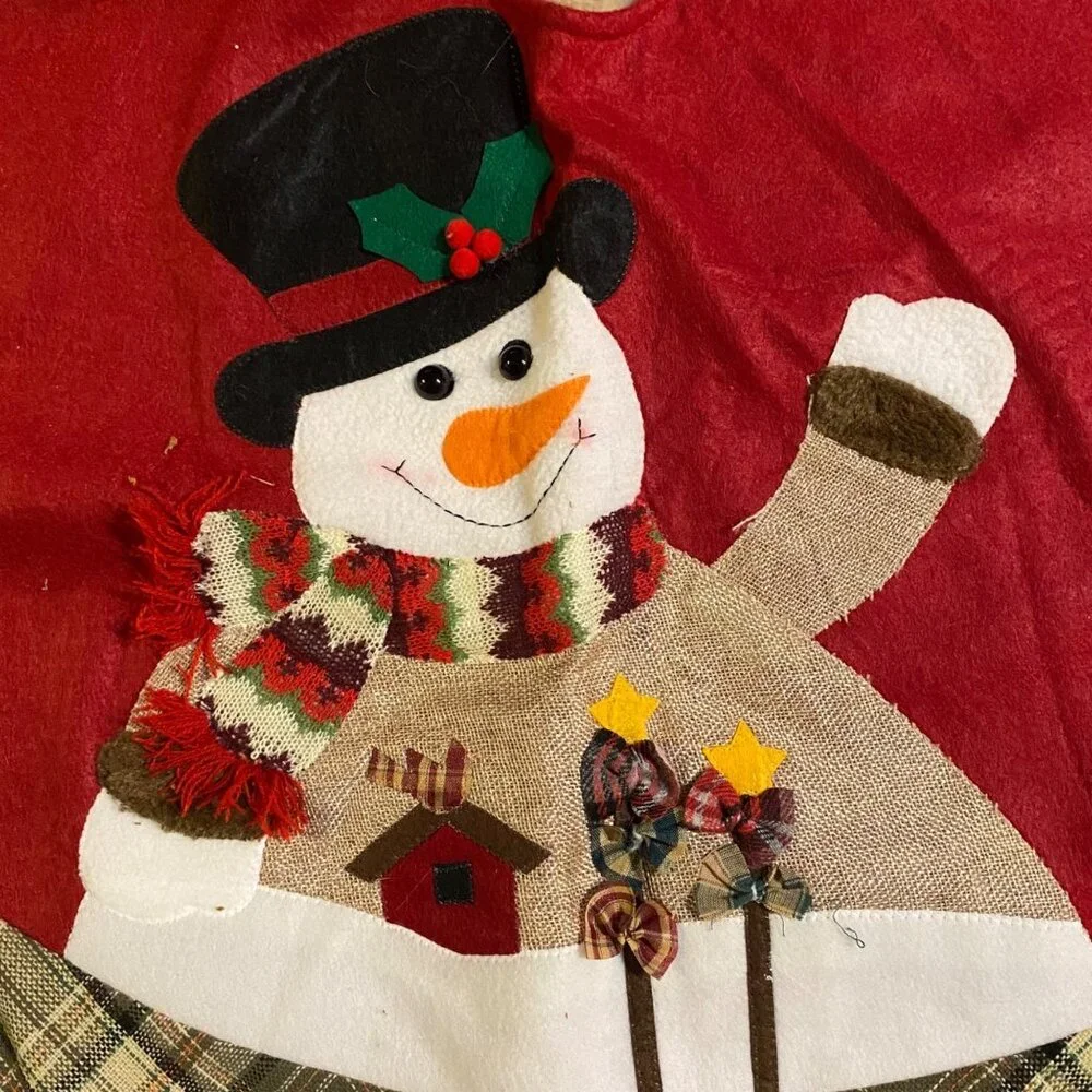 Vintage Christmas Red Tree‎ Skirt Green Plaid Trim Snowman Patchwork Felt 40